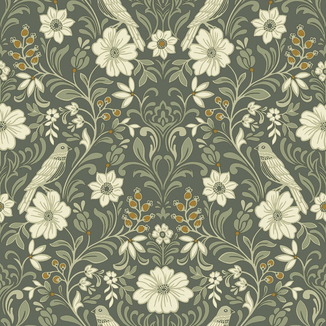 Colette Olive Wallpaper with Botanical Bird and Floral Motif - York MF4741