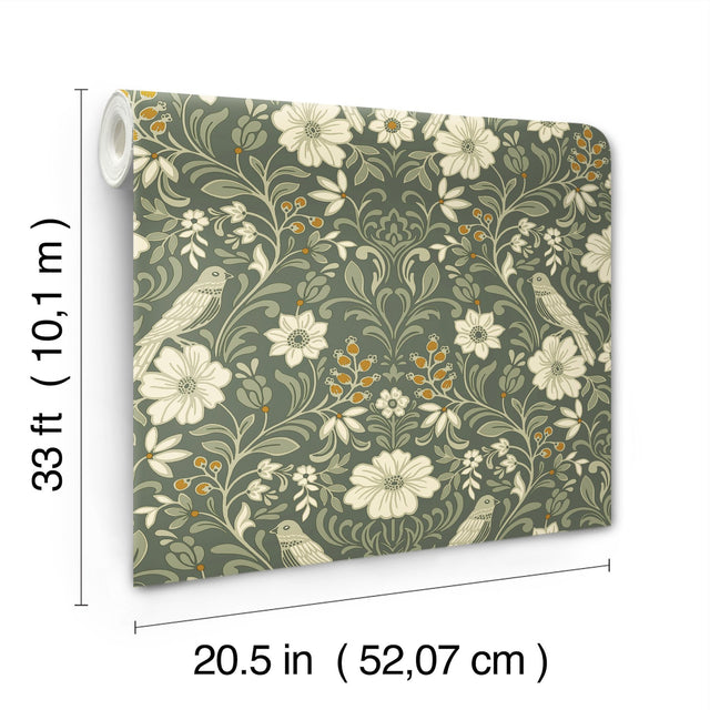 Colette Olive Wallpaper with Botanical Bird and Floral Motif - York MF4741