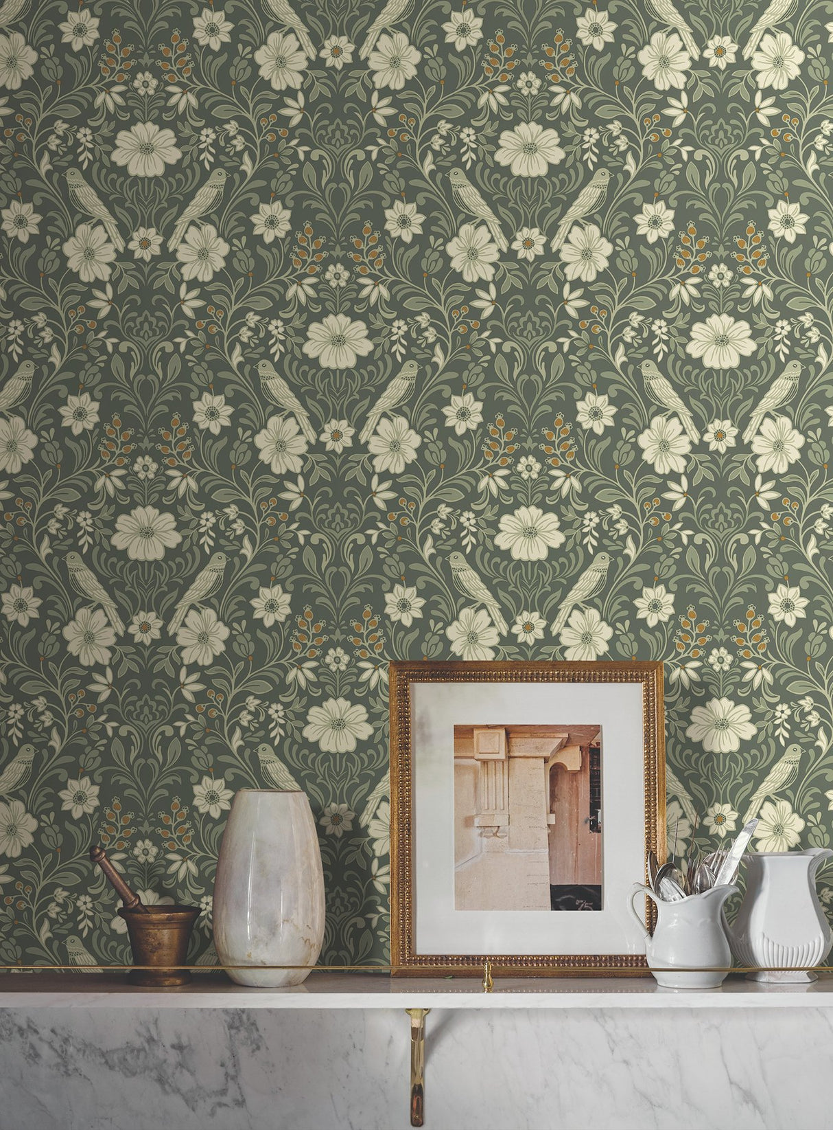 Colette Olive Wallpaper with Botanical Bird and Floral Motif - York MF4741