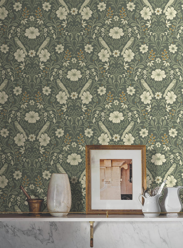 Colette Olive Wallpaper with Botanical Bird and Floral Motif - York MF4741