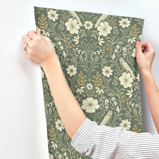 Colette Olive Wallpaper with Botanical Bird and Floral Motif - York MF4741