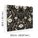 Colette Black Wallpaper with Botanical Bird Damask - York MF4742