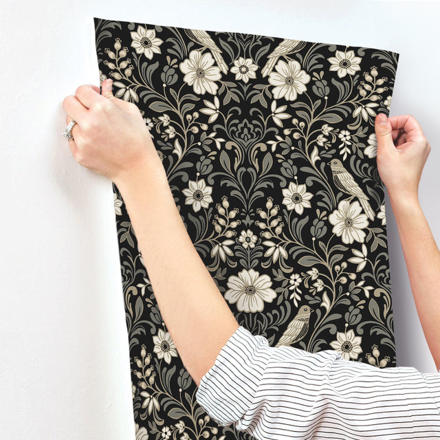 Colette Black Wallpaper with Botanical Bird Damask - York MF4742