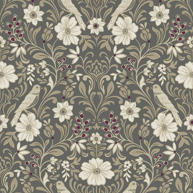 Colette Charcoal Wallpaper with Botanical Woodland Damask  Magnolia Home MF4743 - York