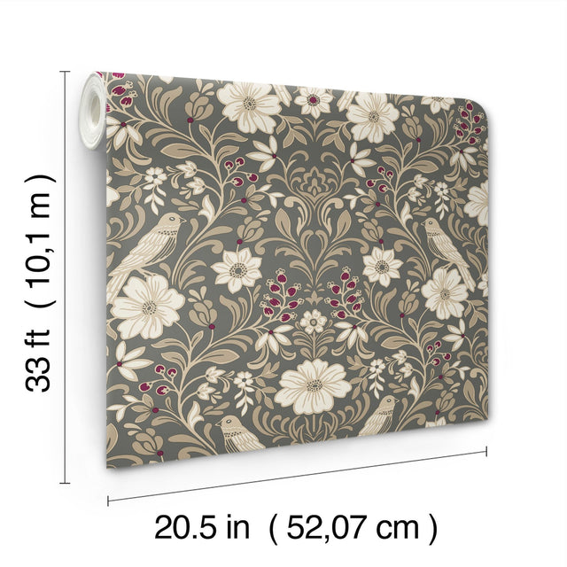Colette Charcoal Wallpaper with Botanical Woodland Damask  Magnolia Home MF4743 - York