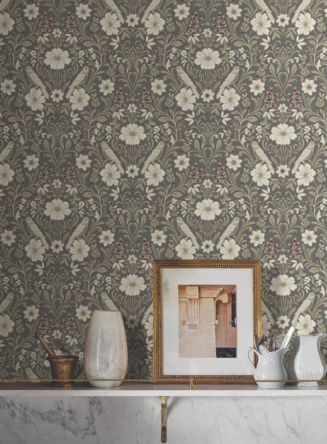 Colette Charcoal Wallpaper with Botanical Woodland Damask  Magnolia Home MF4743 - York