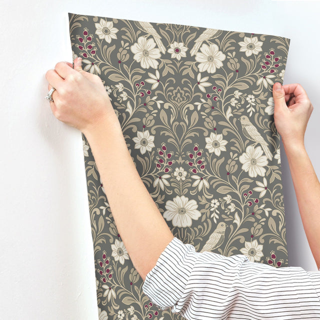 Colette Charcoal Wallpaper with Botanical Woodland Damask  Magnolia Home MF4743 - York