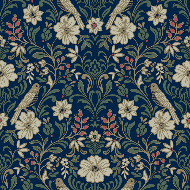 Colette Navy Wallpaper with Botanical Birds and Blooms - York MF4745