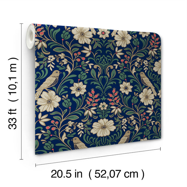 Colette Navy Wallpaper with Botanical Birds and Blooms - York MF4745