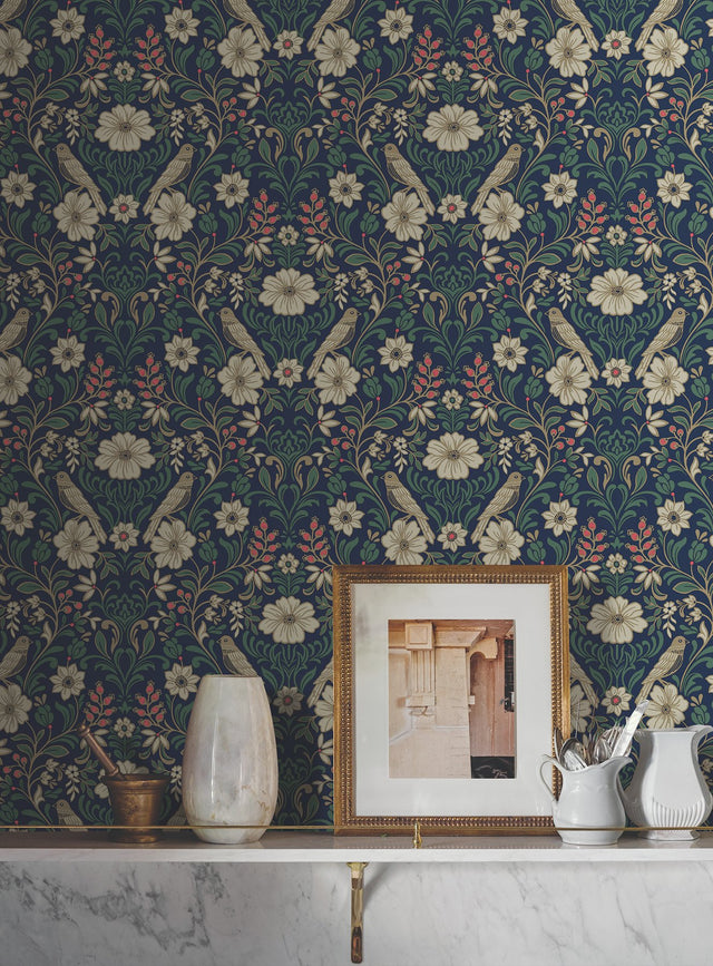 Colette Navy Wallpaper with Botanical Birds and Blooms - York MF4745