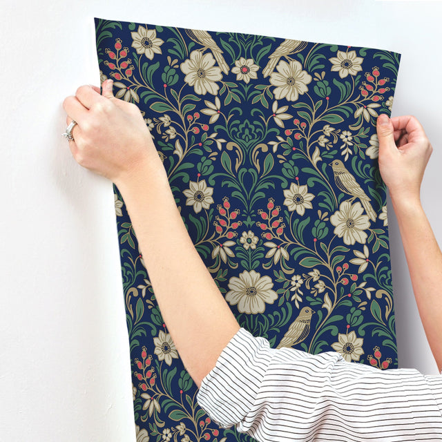 Colette Navy Wallpaper with Botanical Birds and Blooms - York MF4745