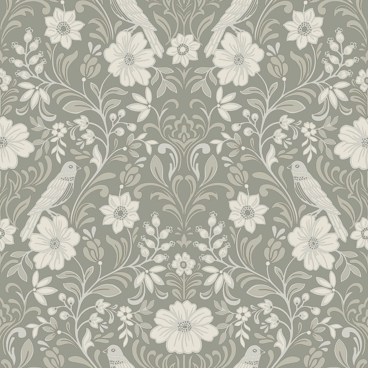 Colette Grey Wallpaper with Botanical Bird Damask - York MF4746