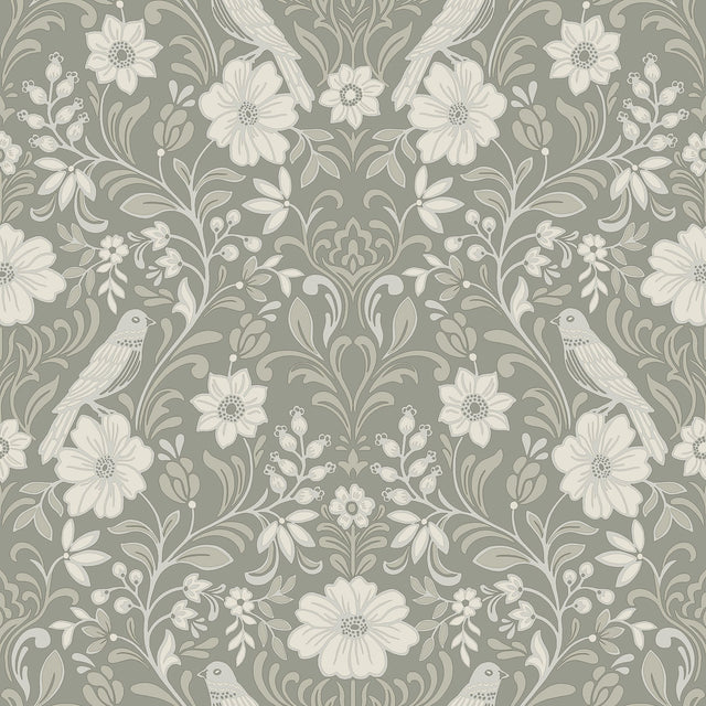 Colette Grey Wallpaper with Botanical Bird Damask - York MF4746