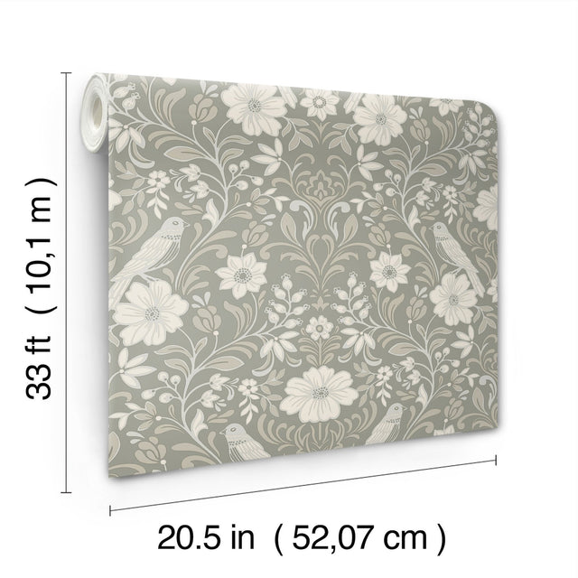 Colette Grey Wallpaper with Botanical Bird Damask - York MF4746