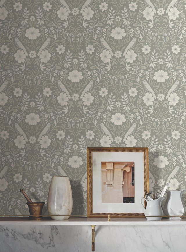 Colette Grey Wallpaper with Botanical Bird Damask - York MF4746