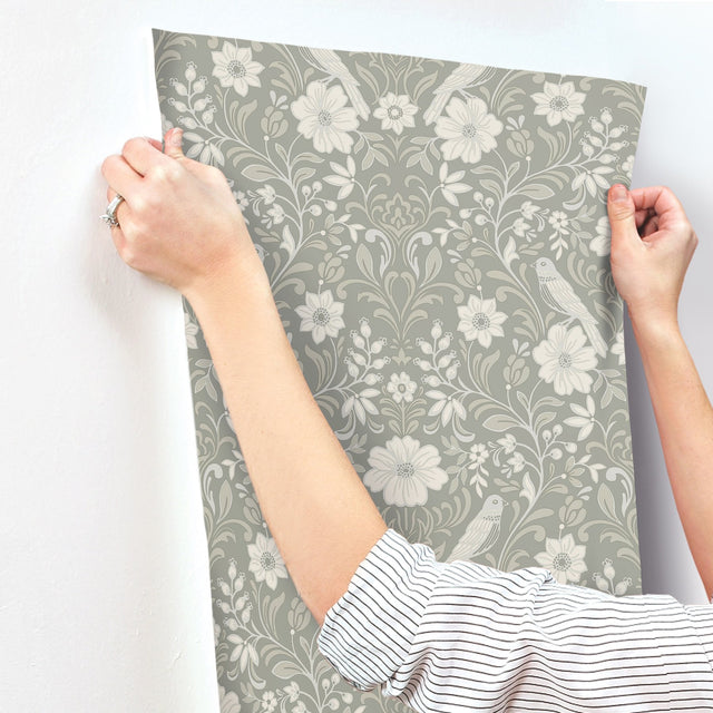 Colette Grey Wallpaper with Botanical Bird Damask - York MF4746