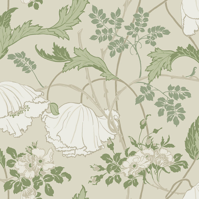 Gwendolyn Ecru & Green Floral Prepasted Wallpaper - Magnolia Home MF4751