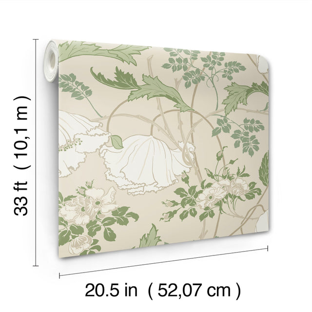 Gwendolyn Ecru & Green Floral Prepasted Wallpaper - Magnolia Home MF4751