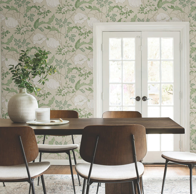 Gwendolyn Ecru & Green Floral Prepasted Wallpaper - Magnolia Home MF4751