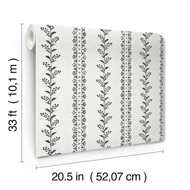 Everleigh White & Black Wallpaper with Botanical Vine Stripe - York MF4761