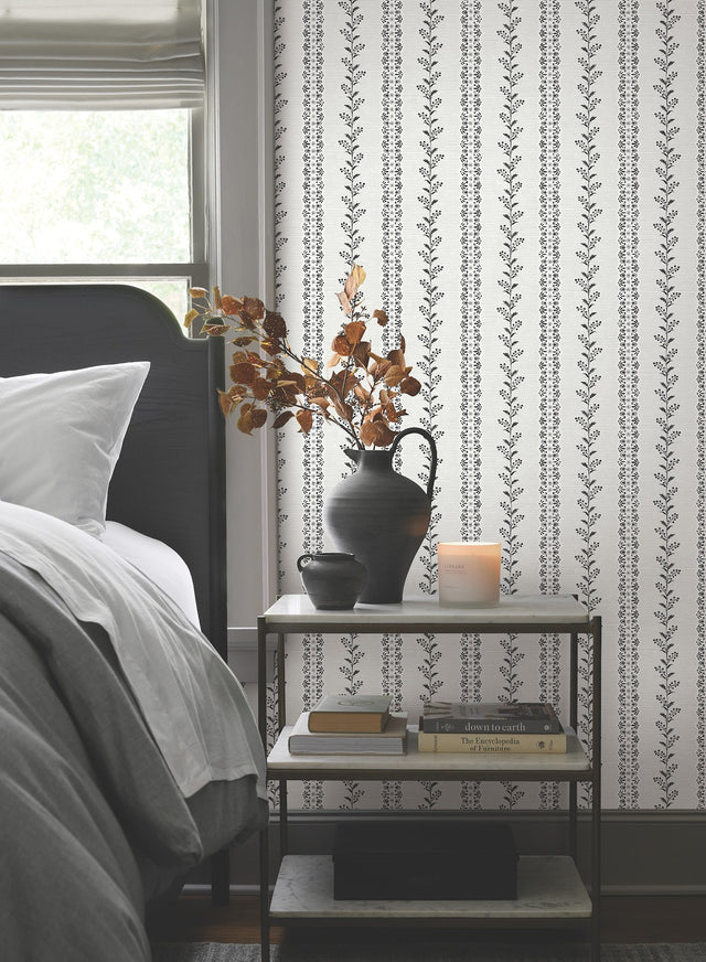 Everleigh White & Black Wallpaper with Botanical Vine Stripe - York MF4761