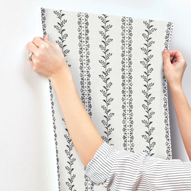 Everleigh White & Black Wallpaper with Botanical Vine Stripe - York MF4761