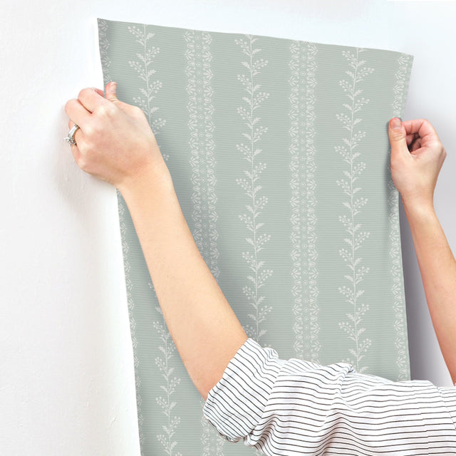 Everleigh Sage Wallpaper with Botanical Stripe Motif - York MF4762