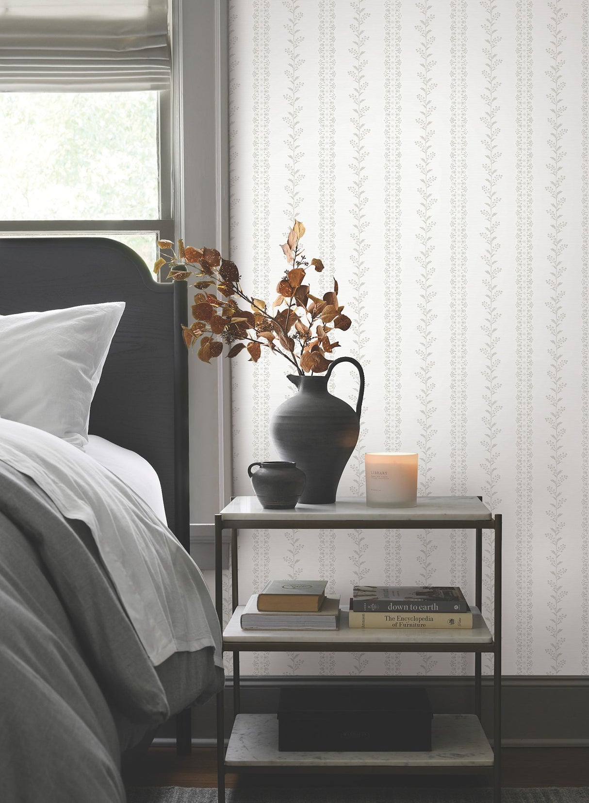 Everleigh Grey Wallpaper with Botanical Vine Stripe in Transitional Style - York MF4765