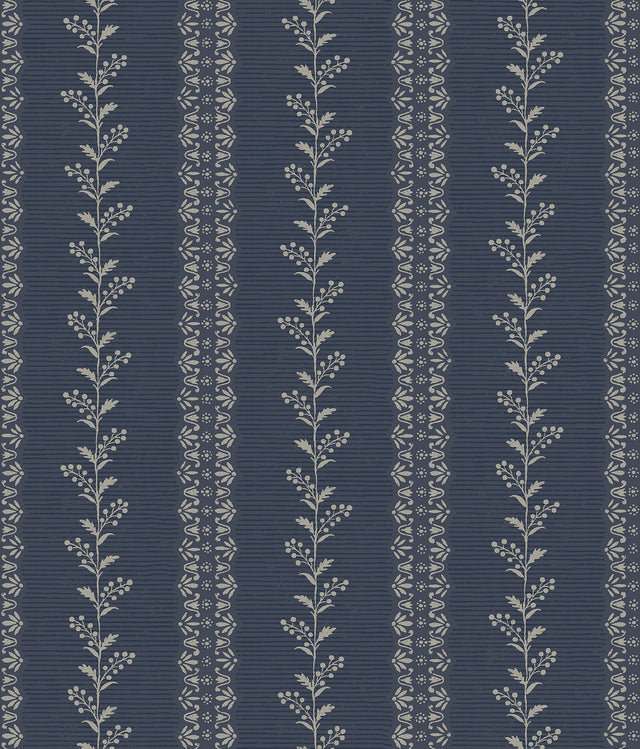 Everleigh Navy Wallpaper with Botanical Stripe Motif - York MF4766