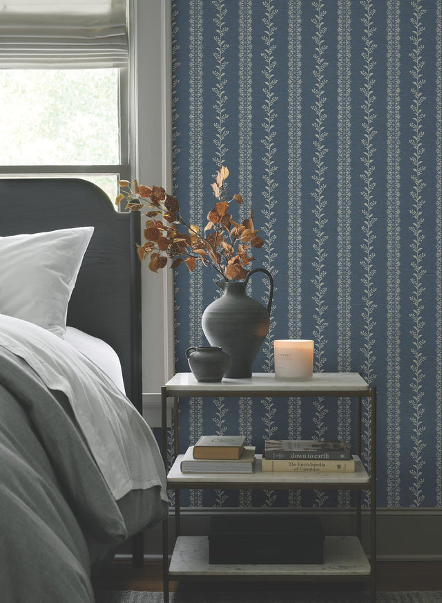 Everleigh Navy Wallpaper with Botanical Stripe Motif - York MF4766