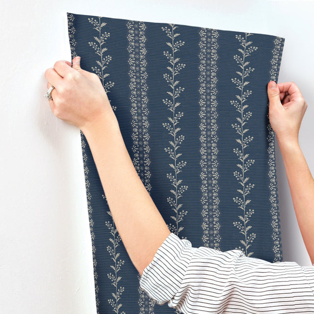 Everleigh Navy Wallpaper with Botanical Stripe Motif - York MF4766