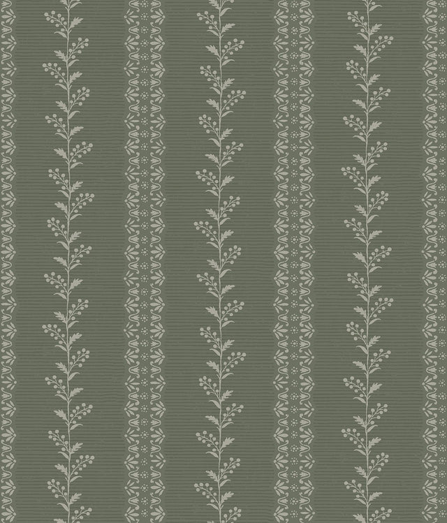 Everleigh Pine Green Wallpaper with Botanical Stripe Motif - York MF4767