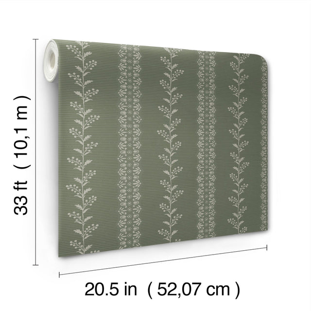 Everleigh Pine Green Wallpaper with Botanical Stripe Motif - York MF4767