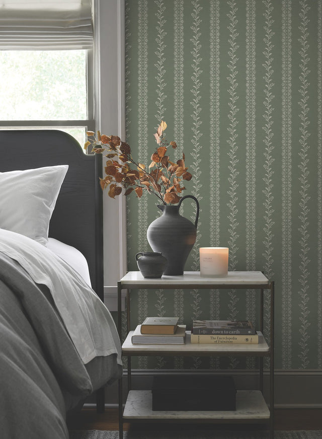 Everleigh Pine Green Wallpaper with Botanical Stripe Motif - York MF4767