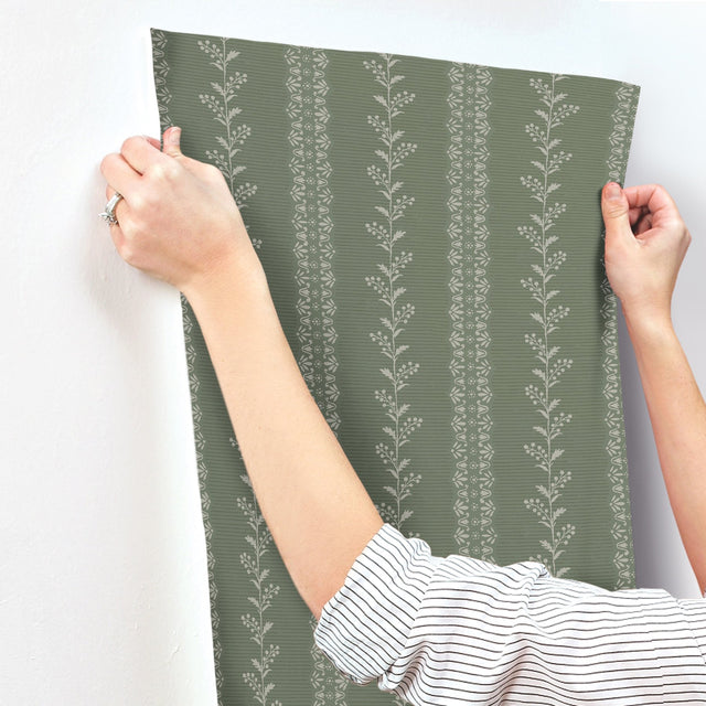 Everleigh Pine Green Wallpaper with Botanical Stripe Motif - York MF4767
