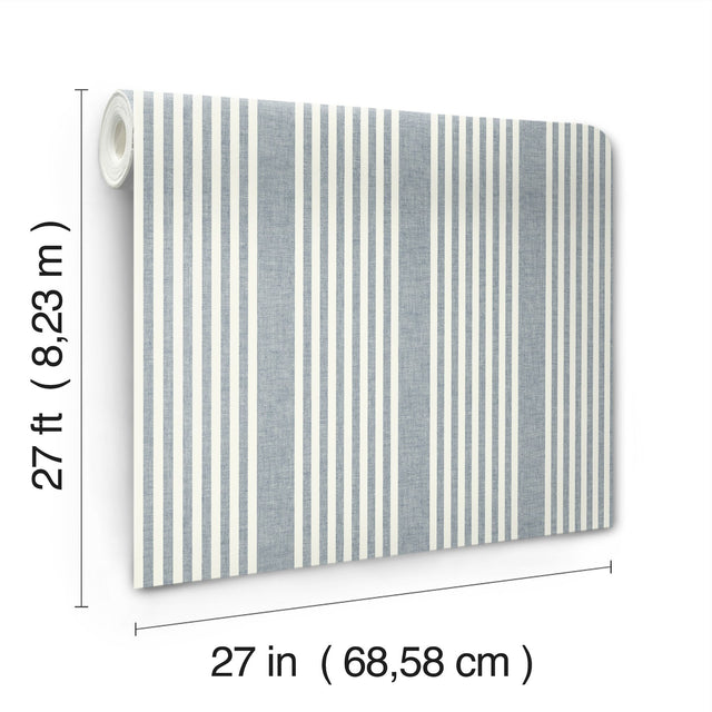 French Linen Stripe Navy Prepasted Sure Strip Farmhouse Wallpaper - York MF4768