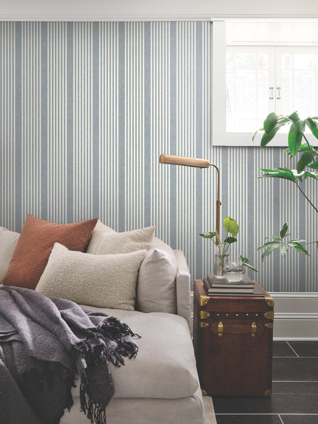 French Linen Stripe Navy Prepasted Sure Strip Farmhouse Wallpaper - York MF4768