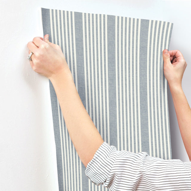 French Linen Stripe Navy Prepasted Sure Strip Farmhouse Wallpaper - York MF4768