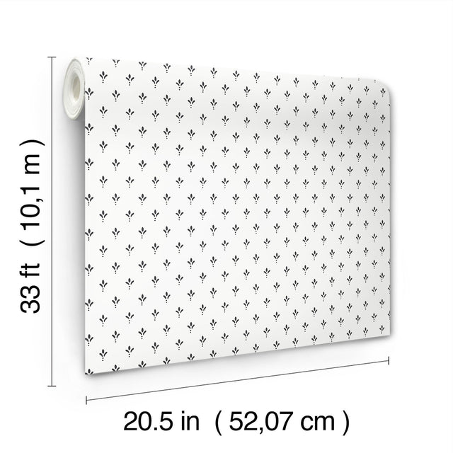 Charm Black & White Wallpaper with Petite Three-Leaf Stamp Motif - York MF4775