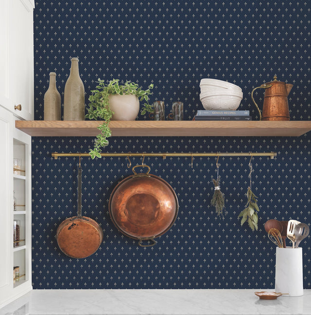 Charm Navy Wallpaper with Petite Three-Leaf Motif - York MF4776