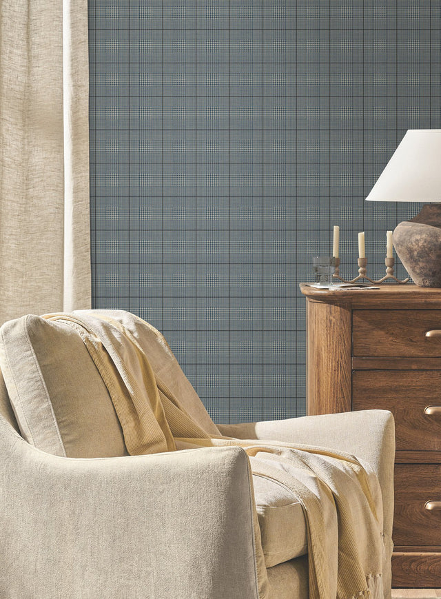 Windsor Blue Wallpaper with Glen Check Plaid - York MF4785