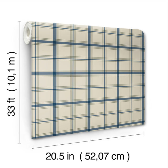 Hunter Blue Plaid Prepasted Wallpaper in Sure Strip Transitional Style - York MF4791