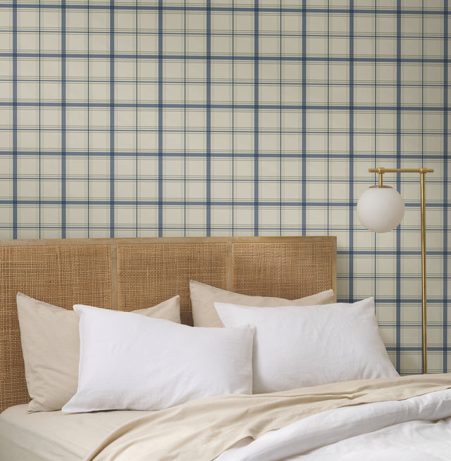 Hunter Blue Plaid Prepasted Wallpaper in Sure Strip Transitional Style - York MF4791