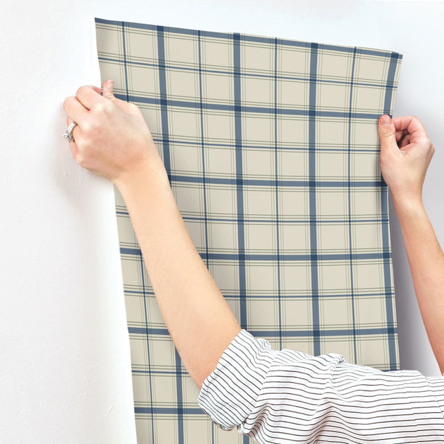 Hunter Blue Plaid Prepasted Wallpaper in Sure Strip Transitional Style - York MF4791