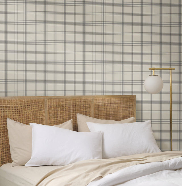 Hunter Charcoal Plaid Wallpaper, Sure Strip Transitional - York MF4792