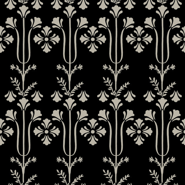 Lydia Black Wallpaper with Botanical Block-Print Motif - York MF4803