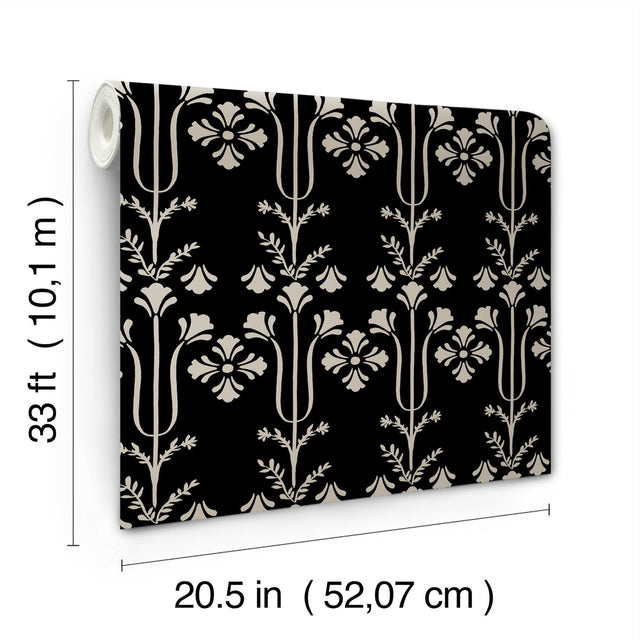 Lydia Black Wallpaper with Botanical Block-Print Motif - York MF4803