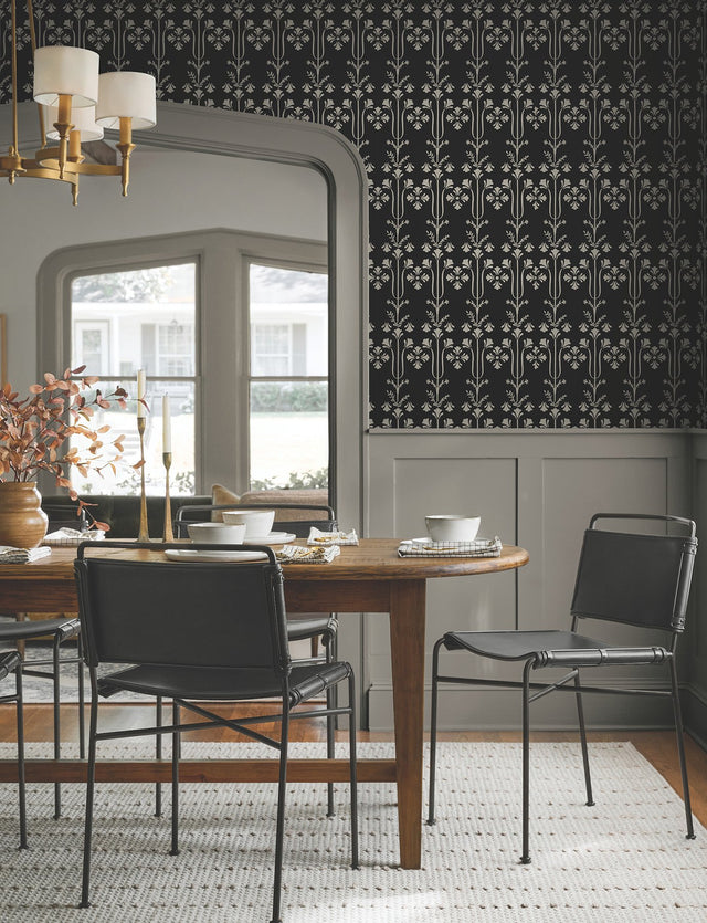 Lydia Black Wallpaper with Botanical Block-Print Motif - York MF4803