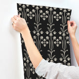 Lydia Black Wallpaper with Botanical Block-Print Motif - York MF4803