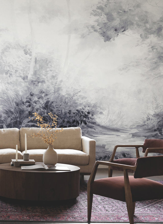 Woodland Black & White Wall Mural with Botanical Feature Wall Design - York MF4808M